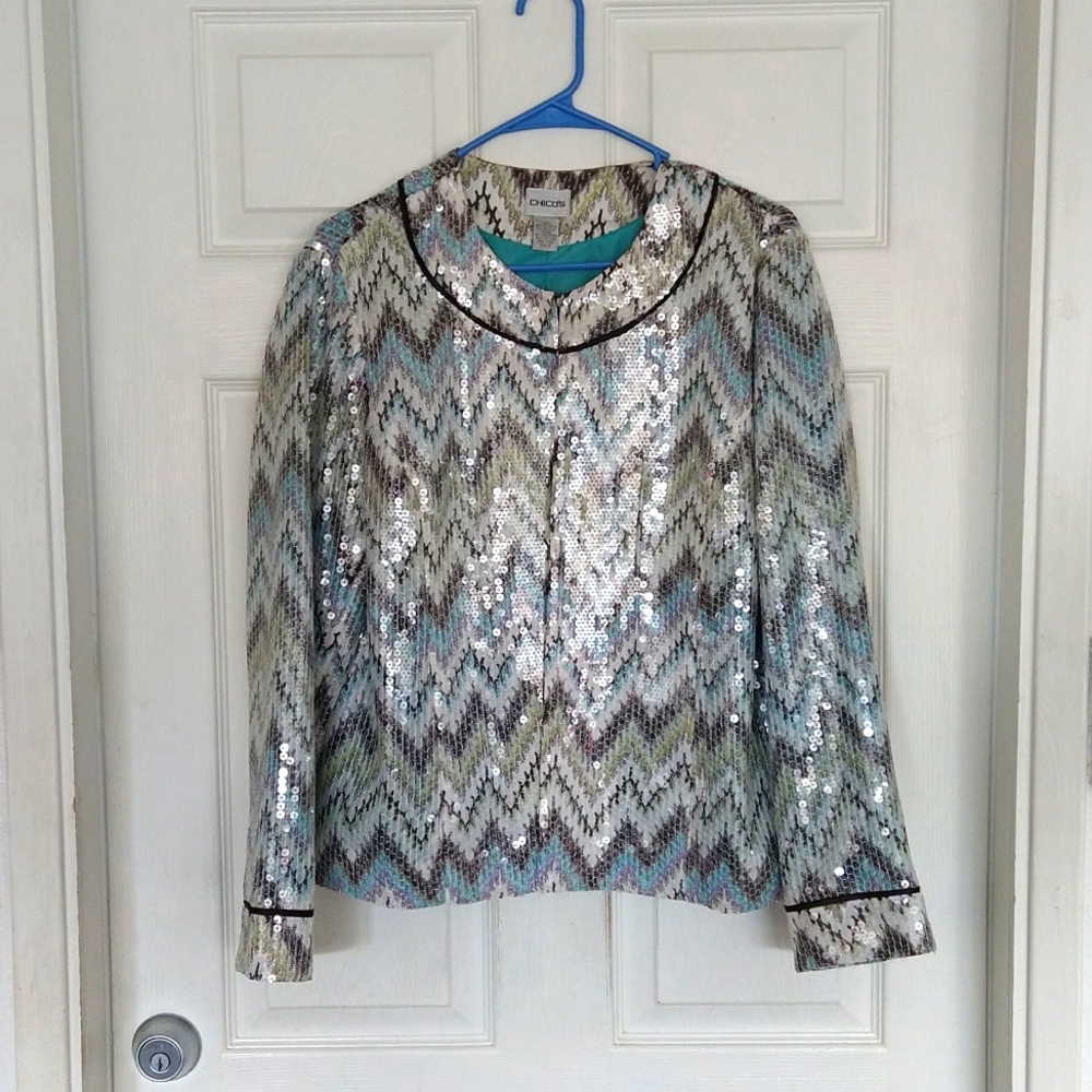 Chico's Jewel Seaside Chevron Sequin Jacket Chico's Size 2 L…